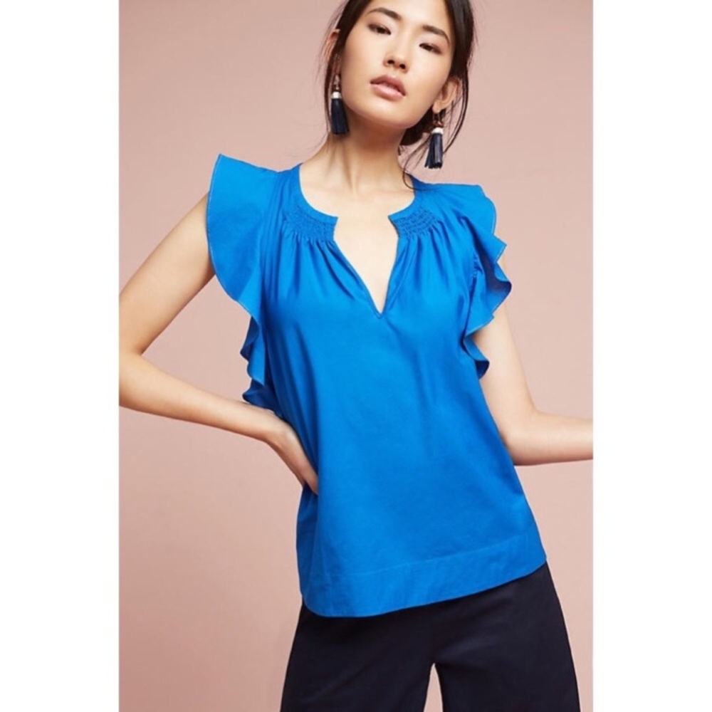 Womens Blue Ruffle Sleeve Blouse